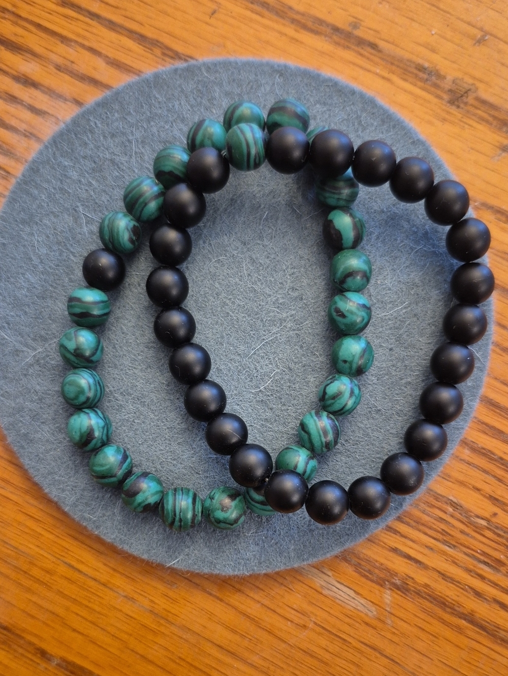 Beautiful Malachite and Black Stone Beaded Stretch Bracelet Set